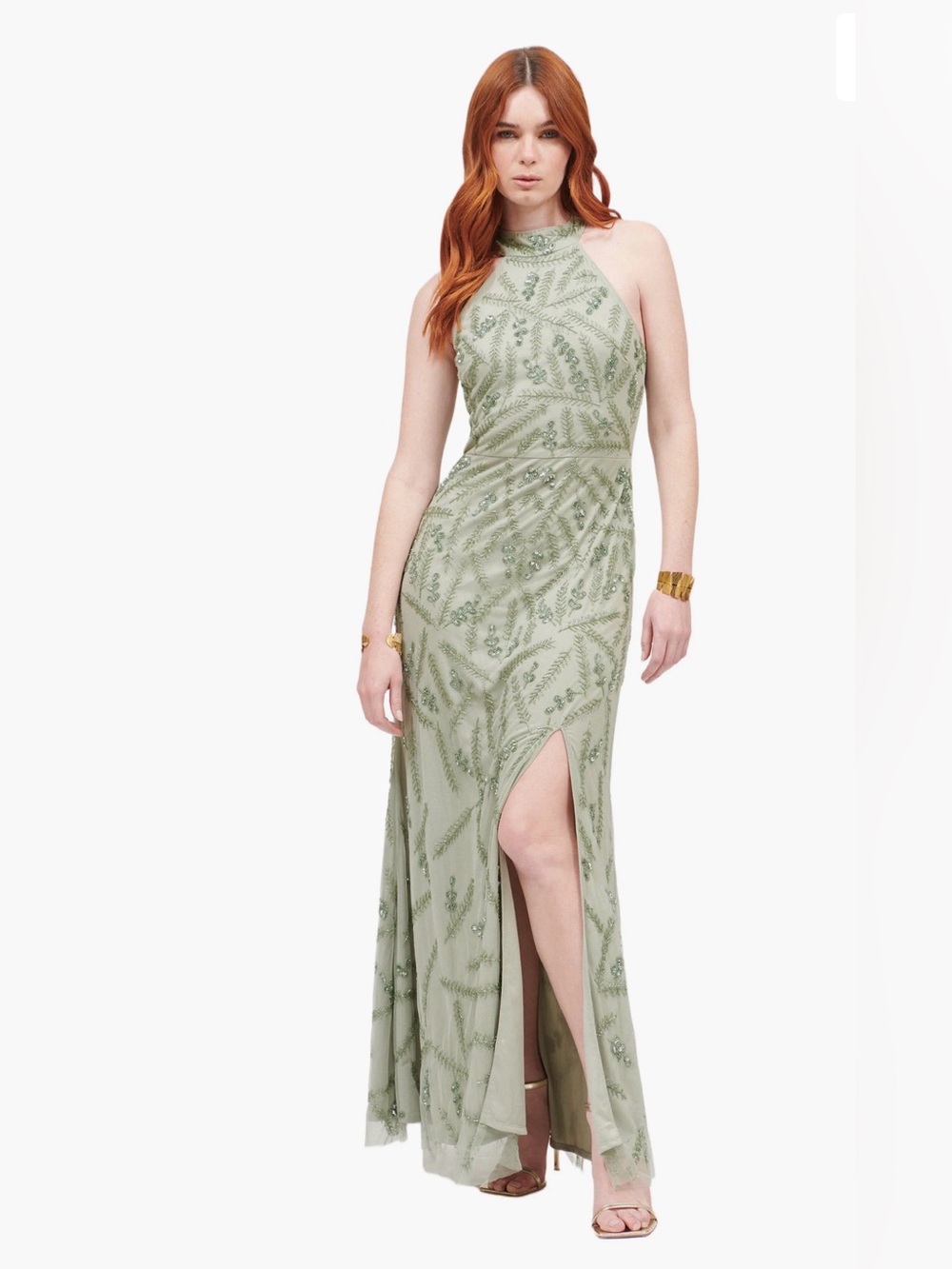 BEAUUT Halter Neck Sage Embellished Evening Gown